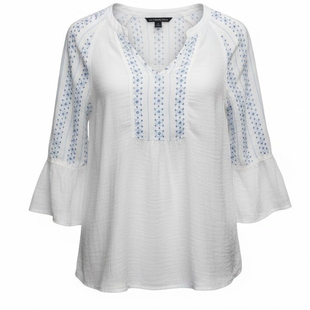 Zac & Rachel White Blue Embroidered Gauze Peasant Blouse 1X Boho Bell Sleeve